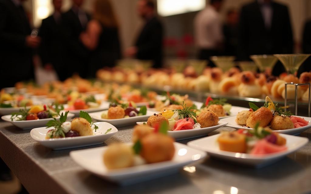 Eine Auswahl an modernem Fingerfood auf einem Buffet bei einem Firmenevent.