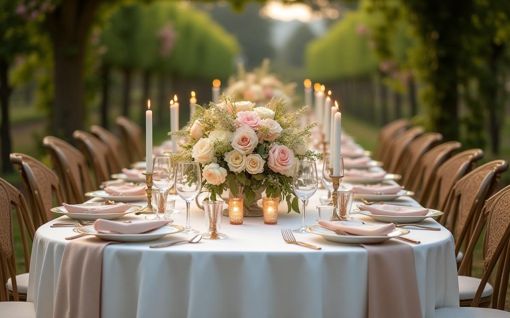Elegant gedeckte Hochzeitstafel im Freien mit Blumendekoration.