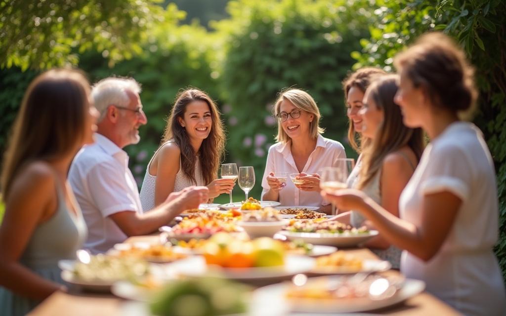 Gäste bei einer privaten Gartenparty mit einem Buffet im Hintergrund.