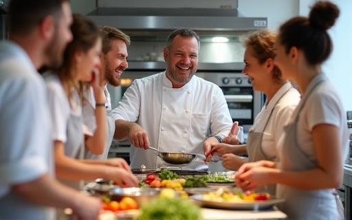 Teilnehmer eines Kochkurses lachen gemeinsam in der Küche.