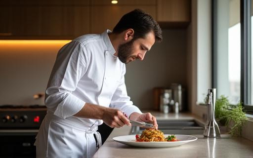 Ein Privatkoch bereitet ein Gericht in einer modernen Privatküche zu.