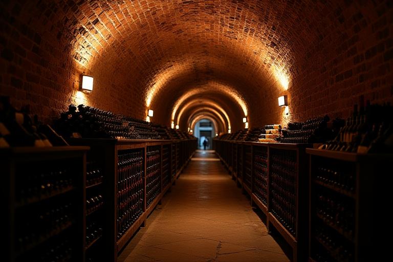 Stimmungsvoller Weinkeller mit alten Ziegelgewölben und Weinflaschen.