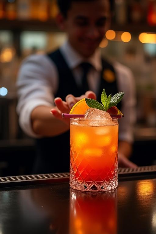 Ein Barkeeper reicht einen farbenfrohen Cocktail über die Theke.