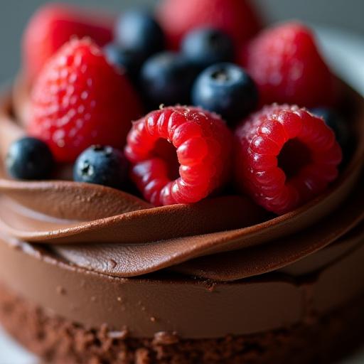 Nahaufnahme eines Schokoladenmousse-Desserts mit Beeren.