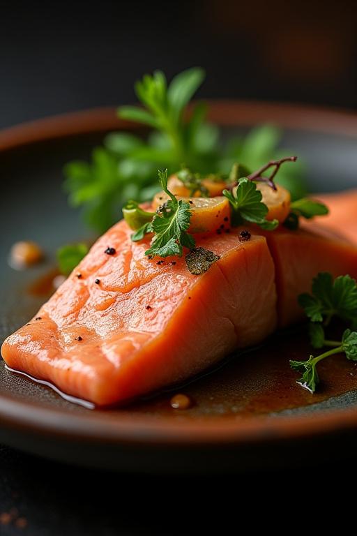 Kunstvoll angerichtetes Forellenfilet auf einem dunklen Teller.