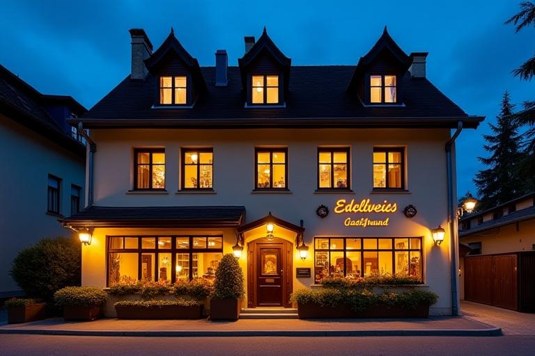 Die charmante Außenfassade des Restaurants Edelweiss Gastfreund am Abend.