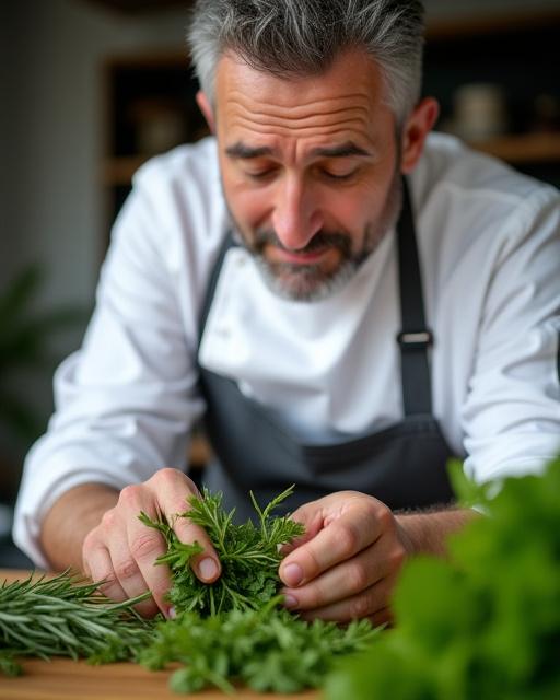 Porträt des Küchenchefs, der sorgfältig frische, regionale Kräuter auswählt.