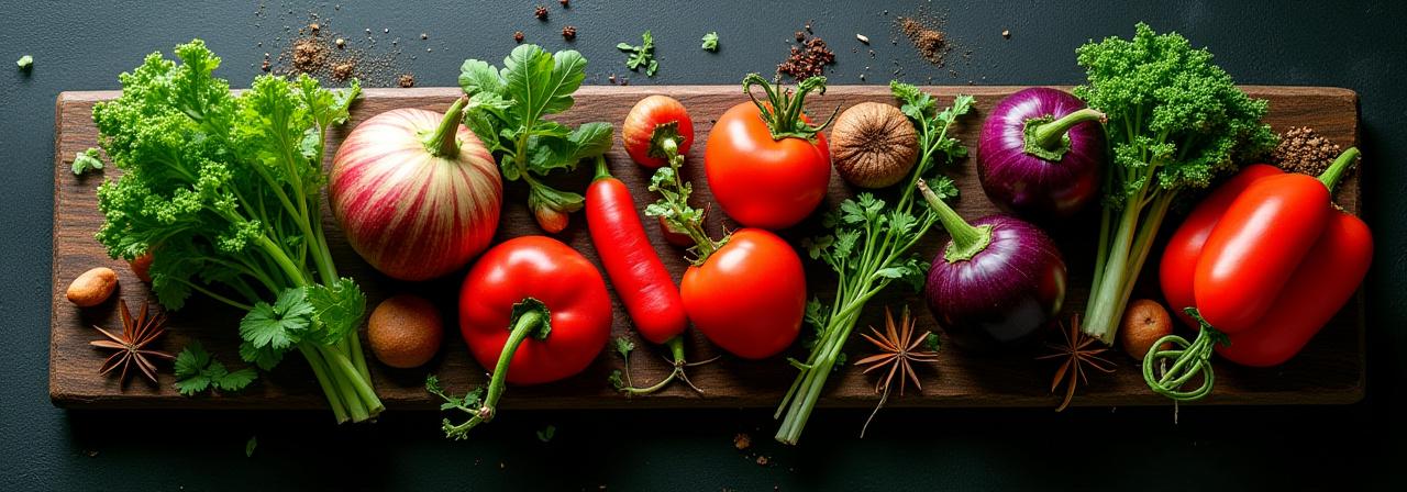 Eine kunstvolle Anordnung von frischem Gemüse und Kräutern auf einer dunklen Oberfläche.